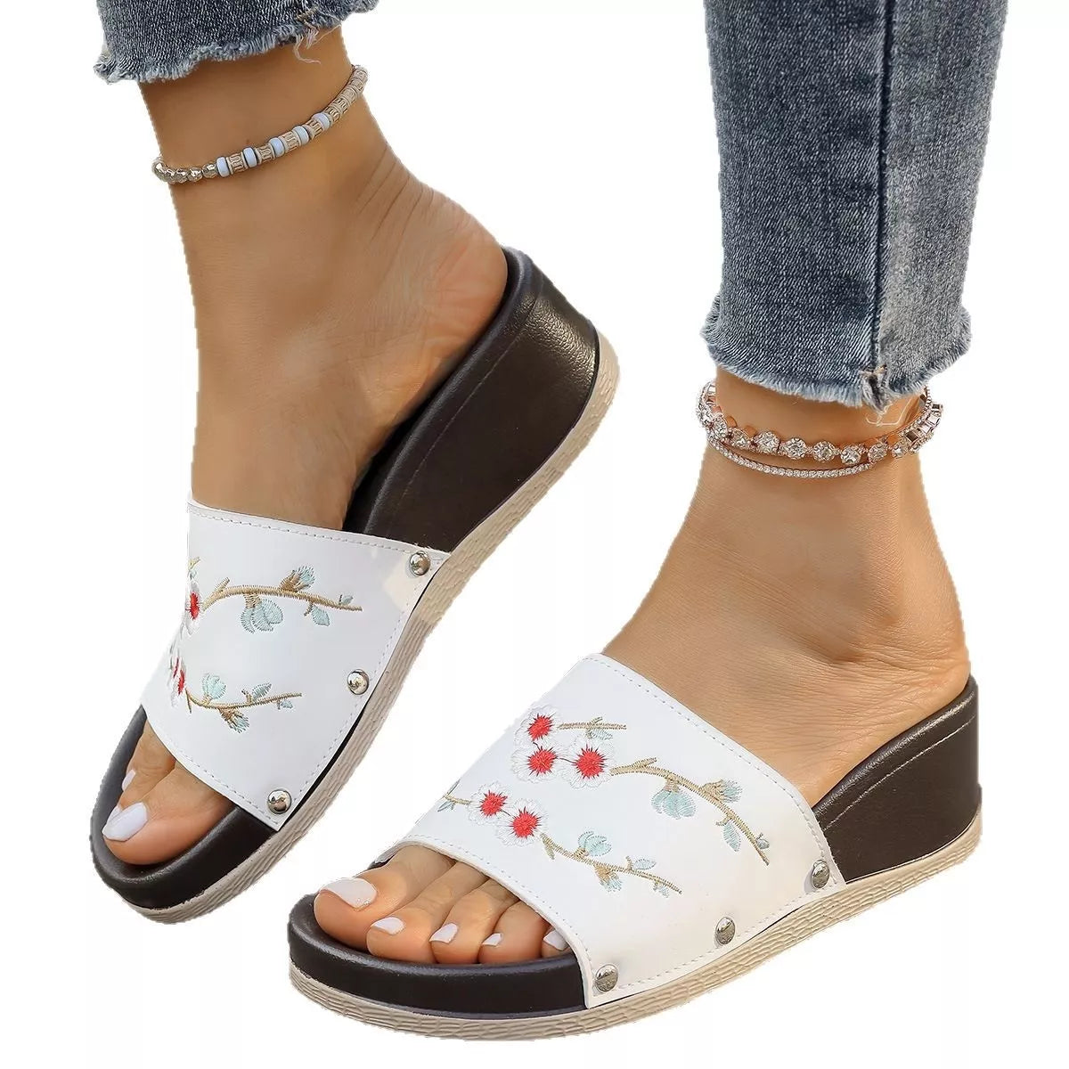 Floral Embroidered Wedge Sandals