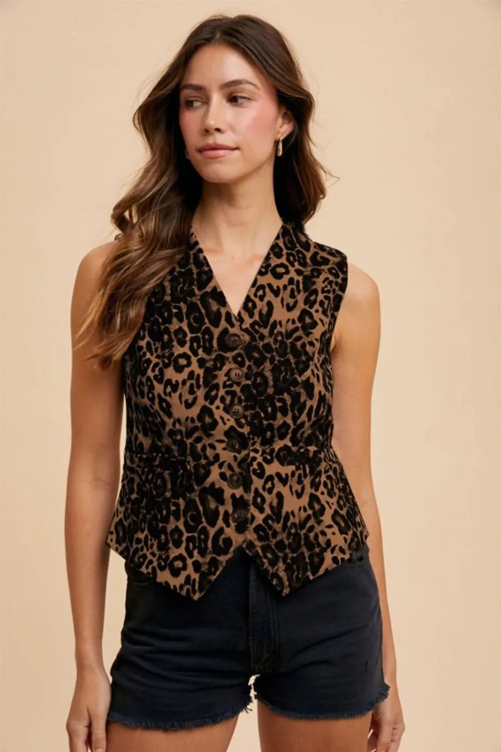Annie Wear Stretch Leopard Denim Button Down Vest