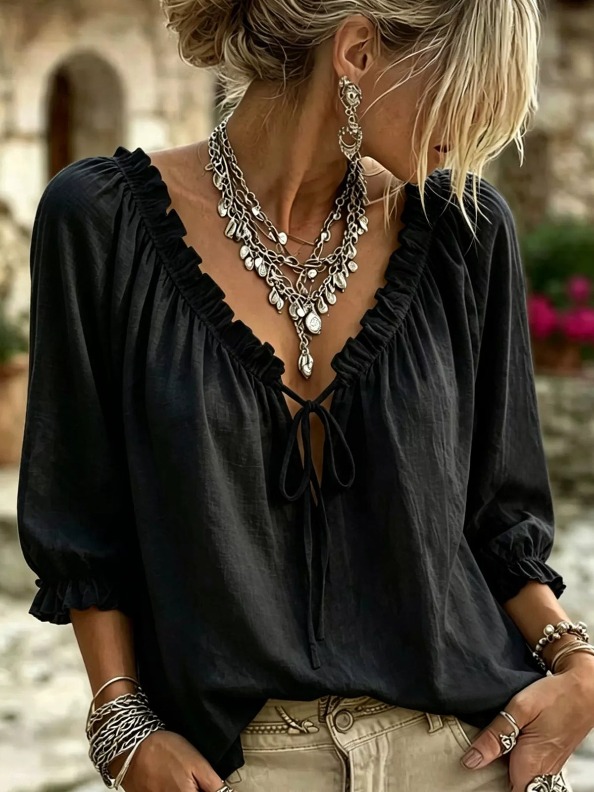 Frill Tie Neck 3/4 Sleeve Blouse