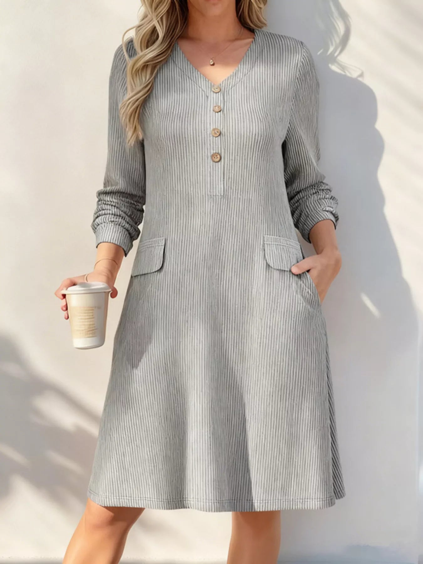 Full Size Ribbed Knit V-Neck Dress Plus Size