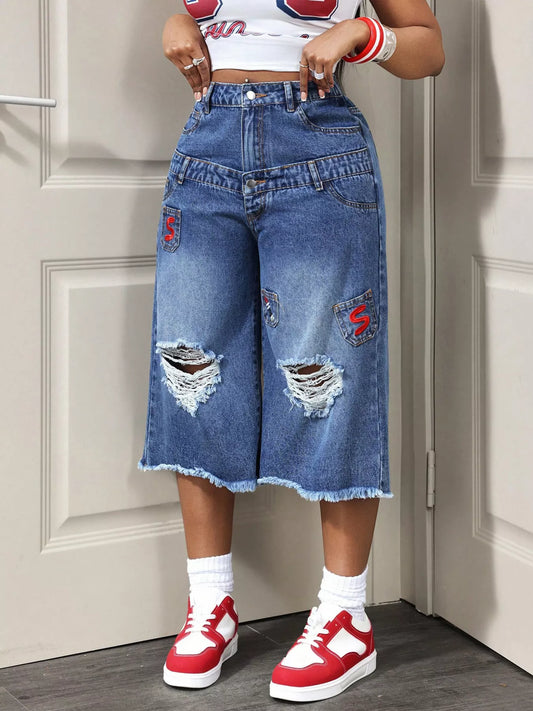 Distressed Wide-Leg Denim Capris
