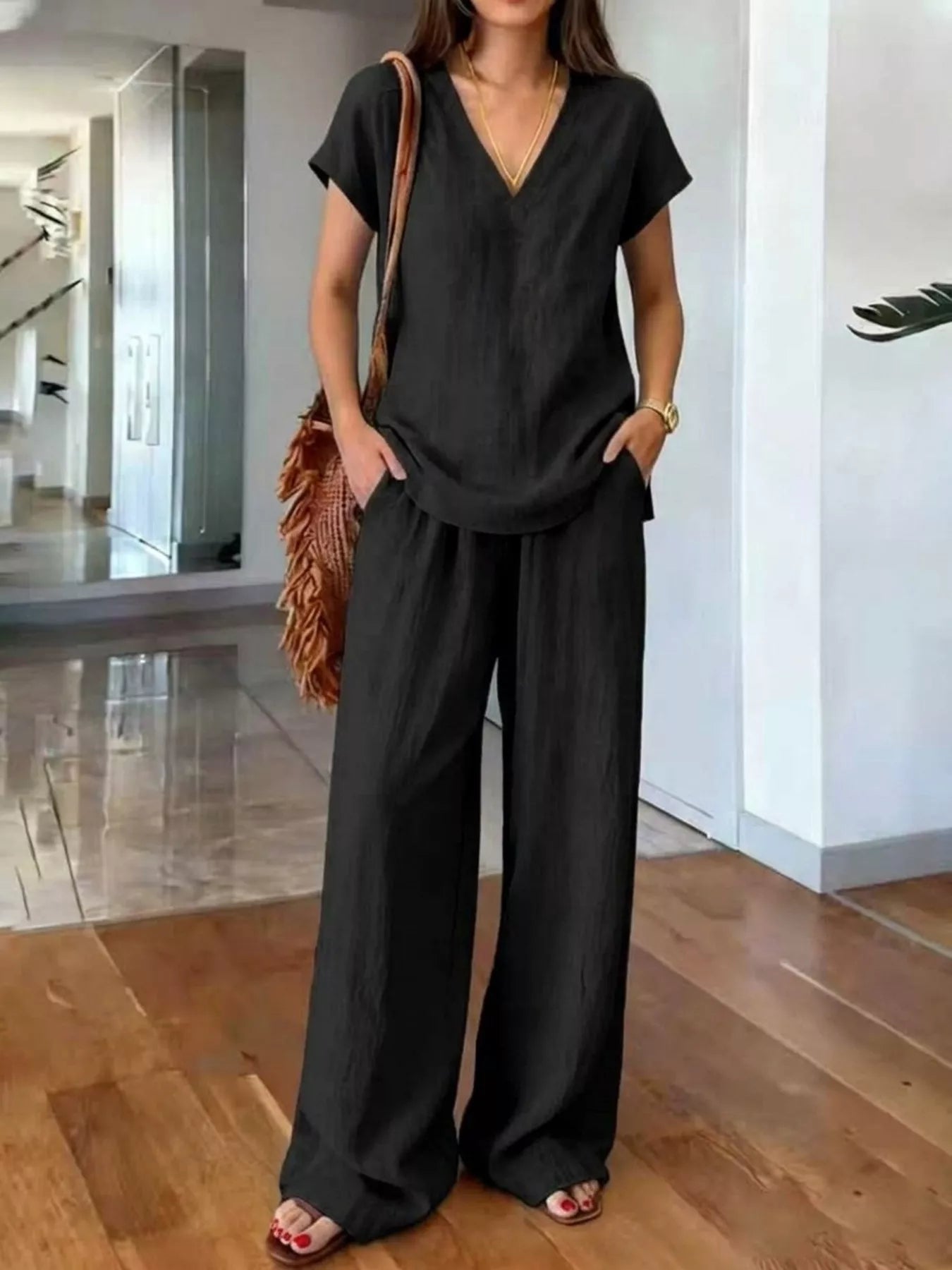 Full Size V-Neck Short Sleeve Top and Pants Set Plus Size