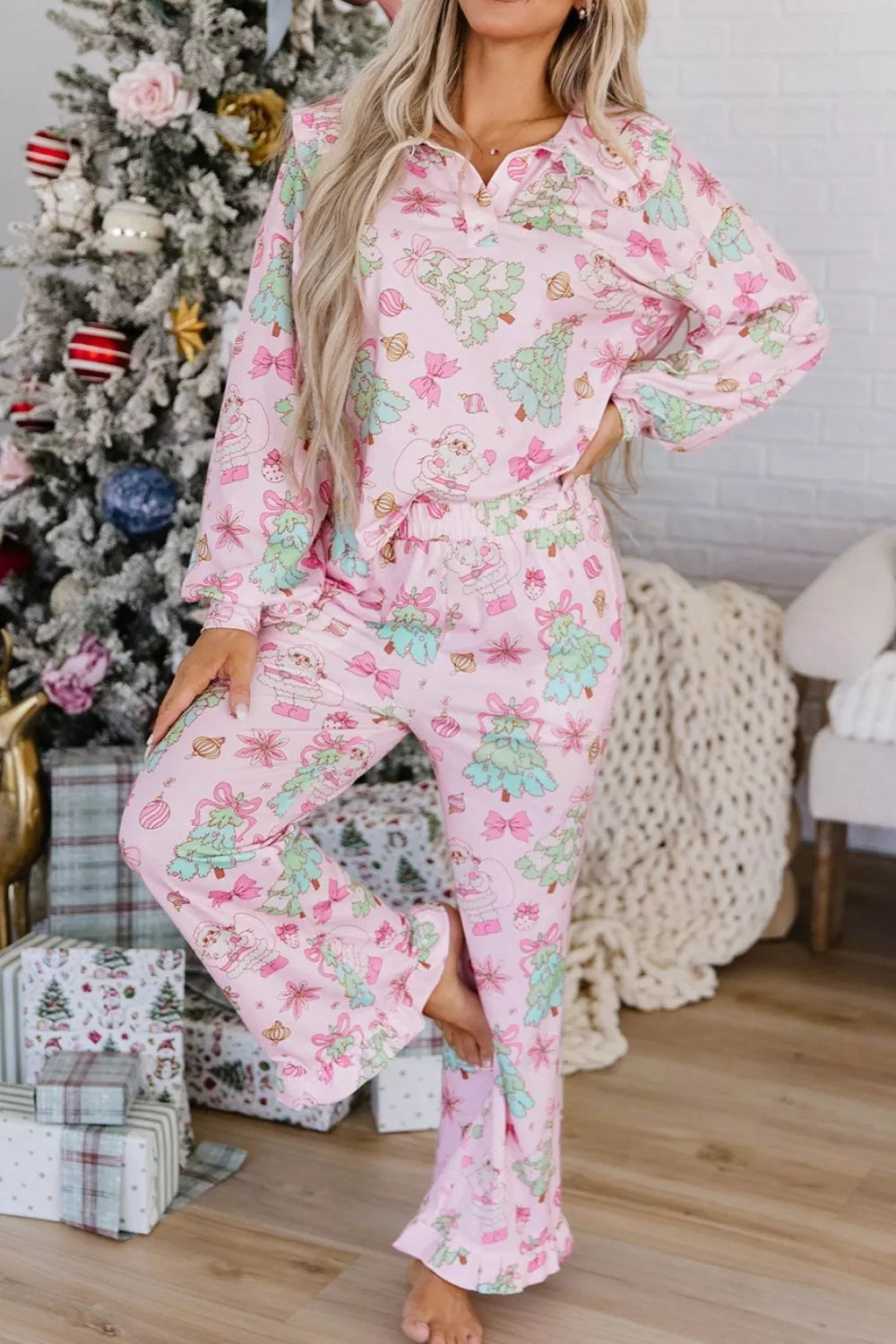 Christmas Print Button Front Long Sleeve Lounge Set