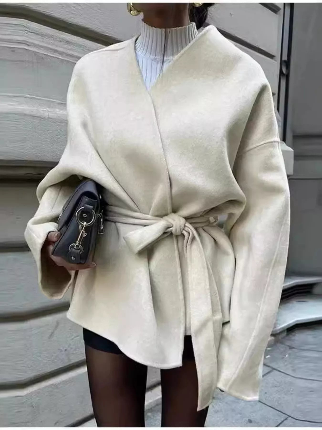 Surplice Tie Waist Dropped Shoulder Outerwear