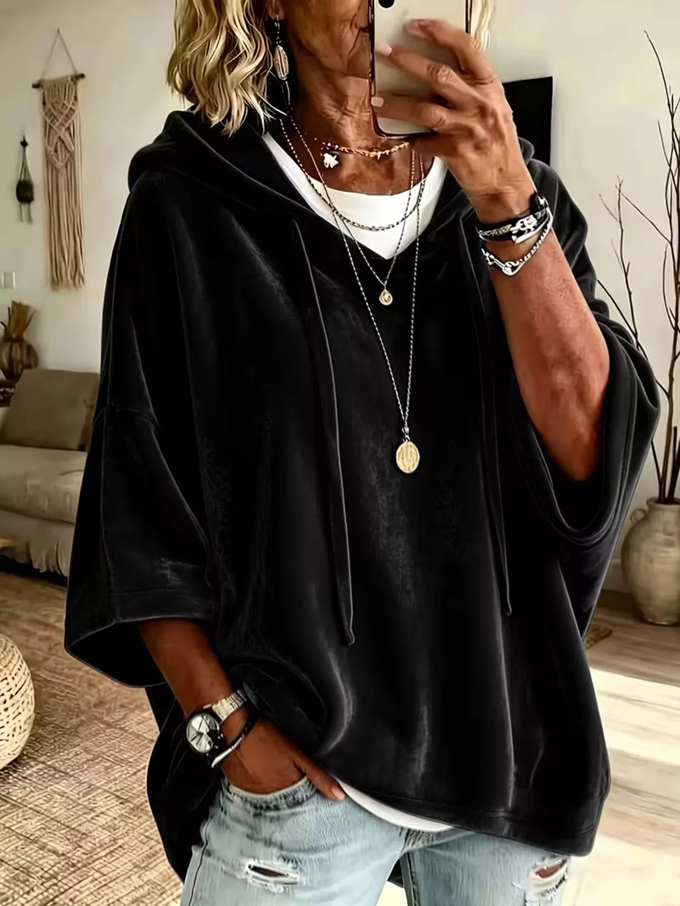 Velvet Loose Fit Hoodie with Drawstring