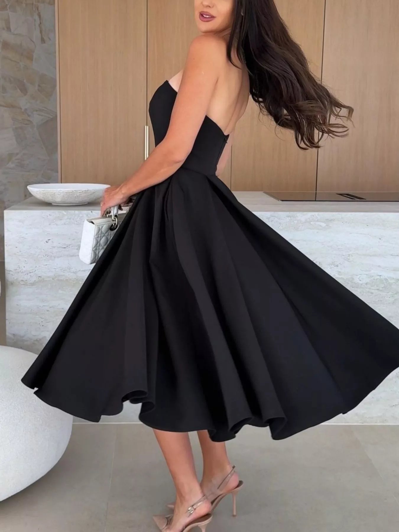 Strapless Ruched A-Line Midi Dress