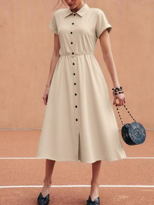 Button-Down Short Sleeve Midi Shirt Dress