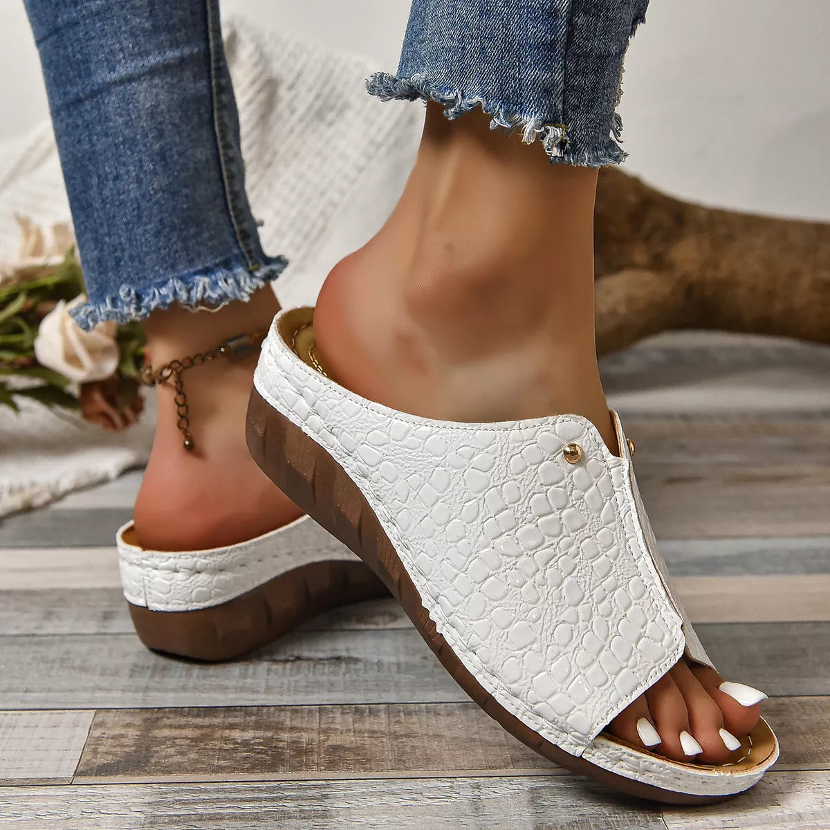 Crocodile-Embossed Wedge Sandals