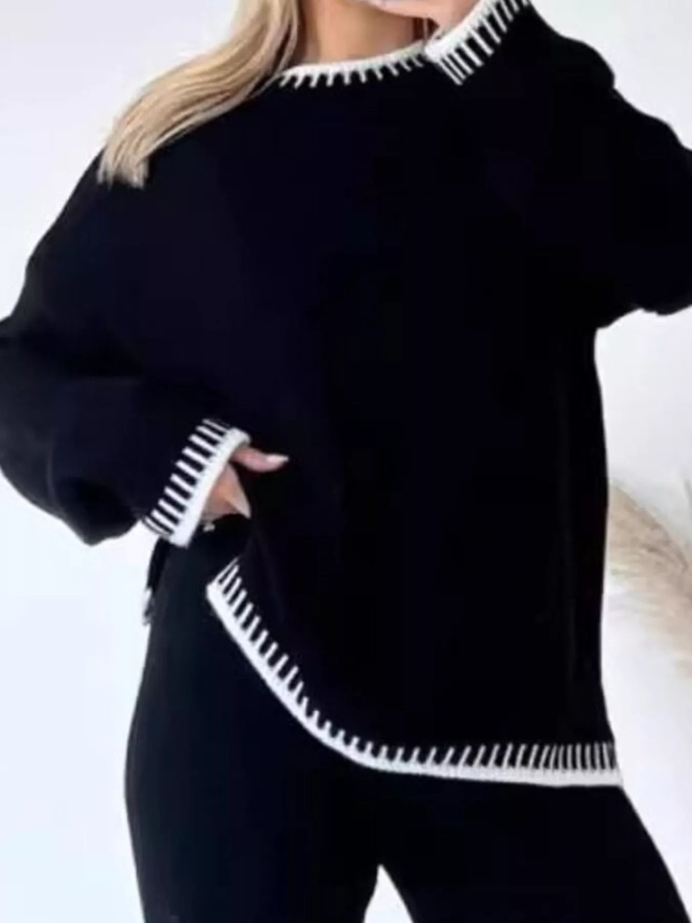 Contrast Trim Round Neck Top and Pants Sweater Set
