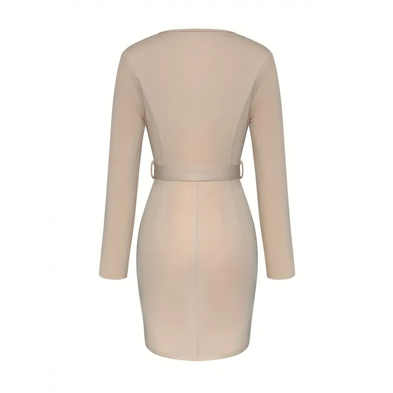 Women's V-Neck Short Dress With Pockets - Long Sleeve Belted Casual Fall Dress (See size chart where applicable)
