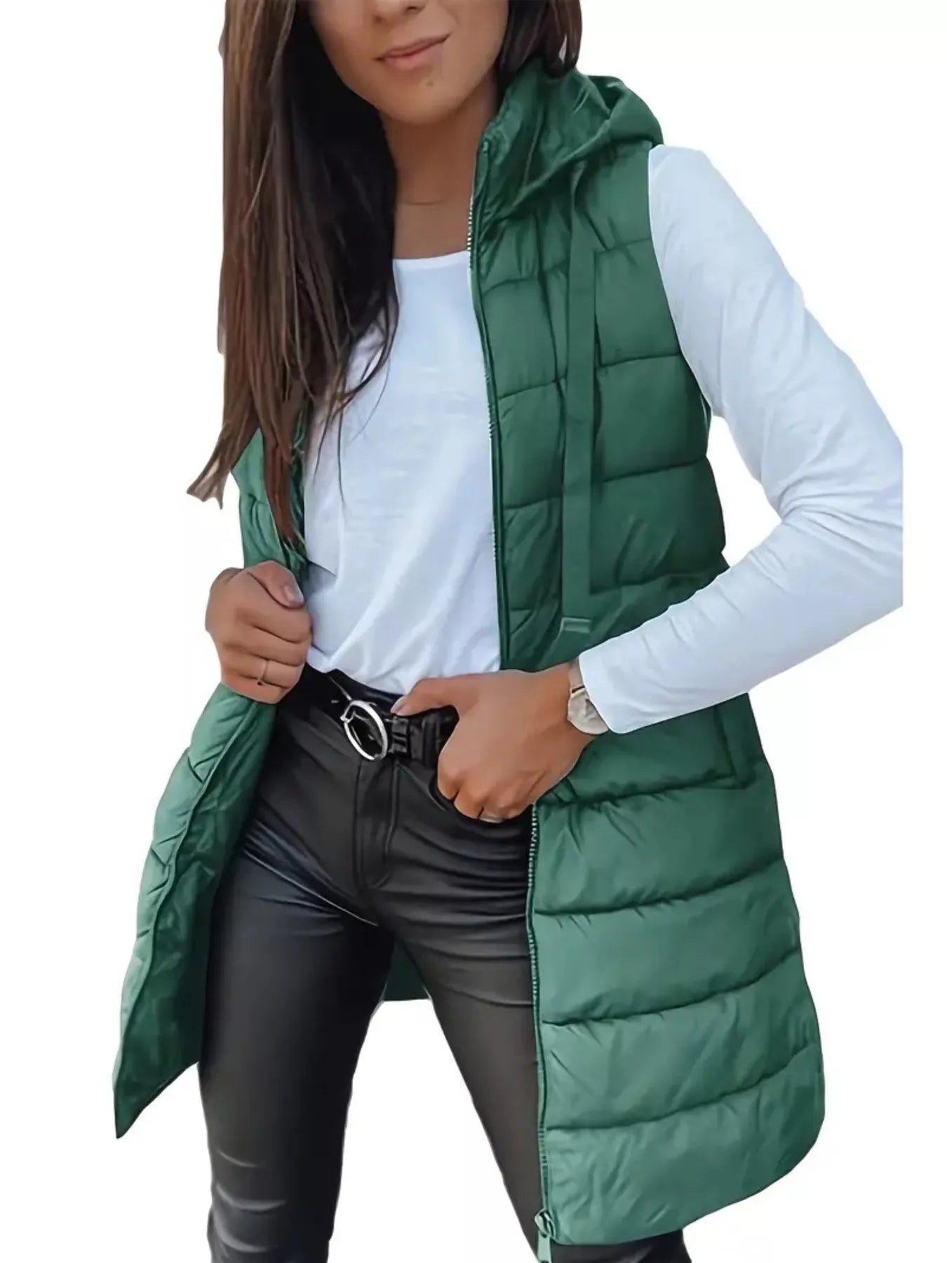 Zip Up Longline Hooded Puffer Vest Coat