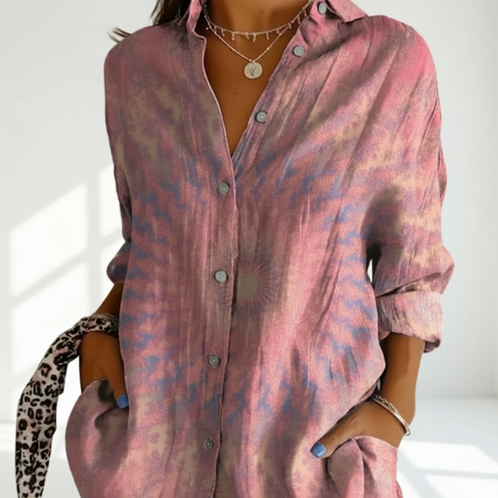 Women's Oversized Lapel Button-Down Shirt with Pleated Back