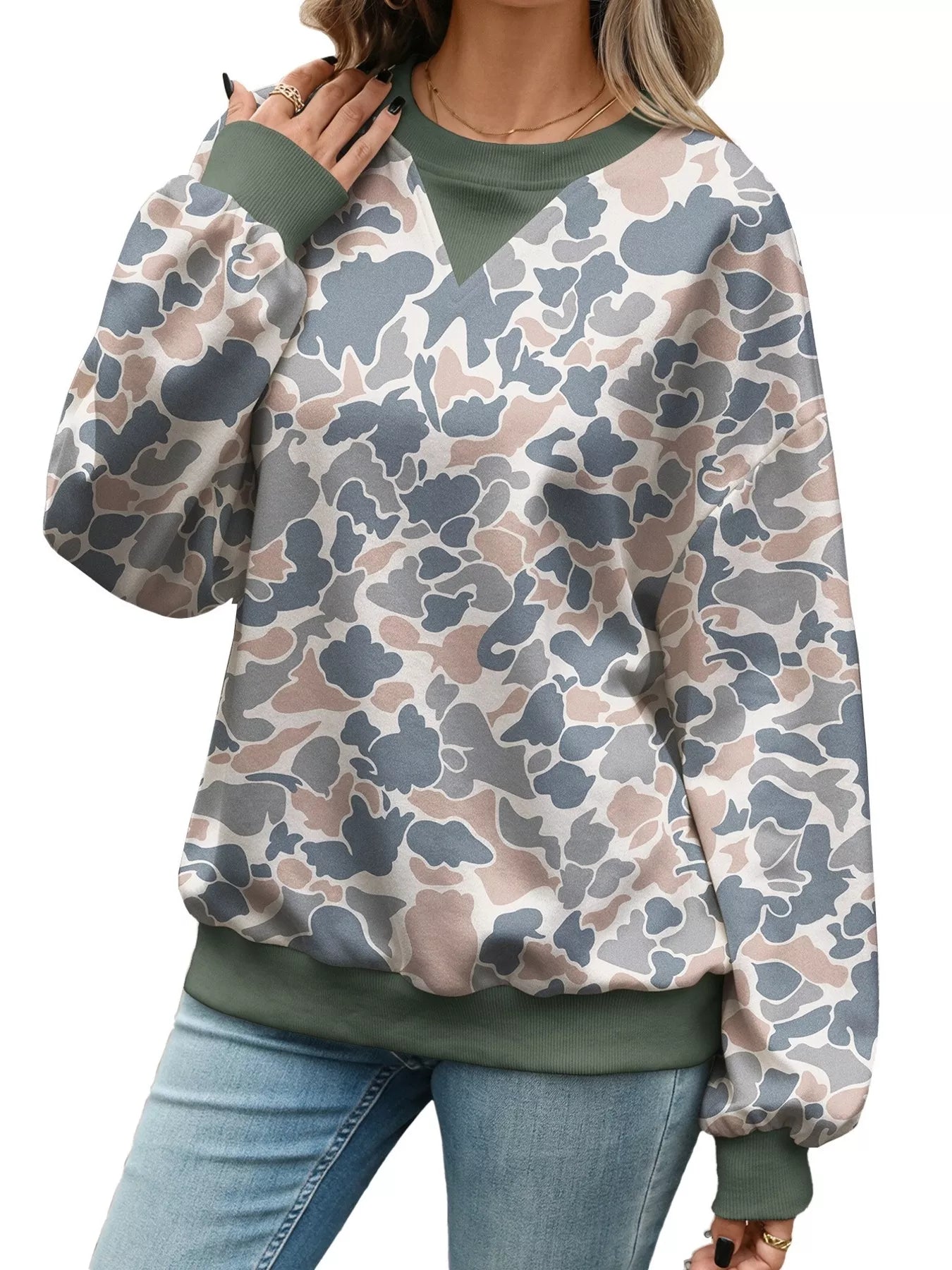 Leaf Print Sweatshirt with Contrasting Trim
