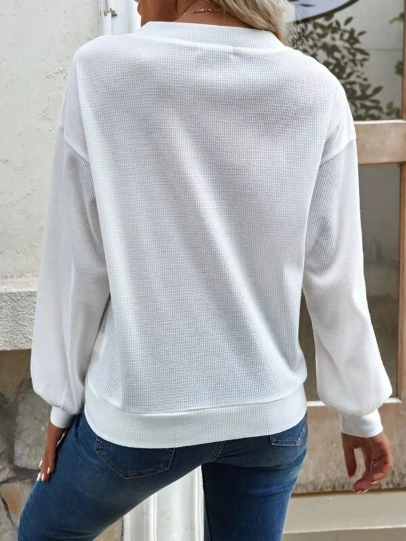 Casual V-Neck Waffle Long Sleeve Top
