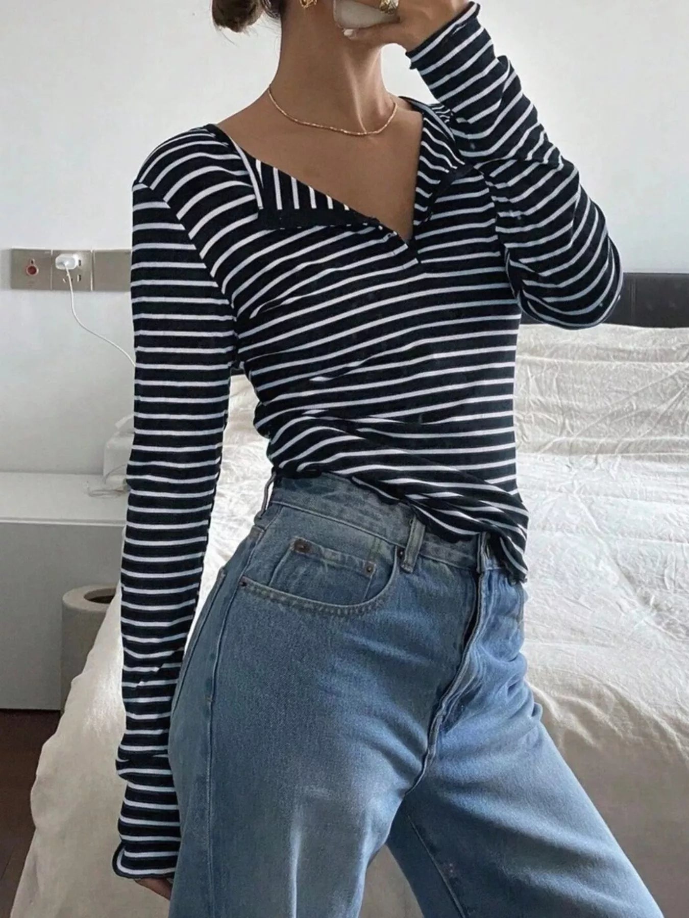 Long Sleeve Striped Henley T-Shirt