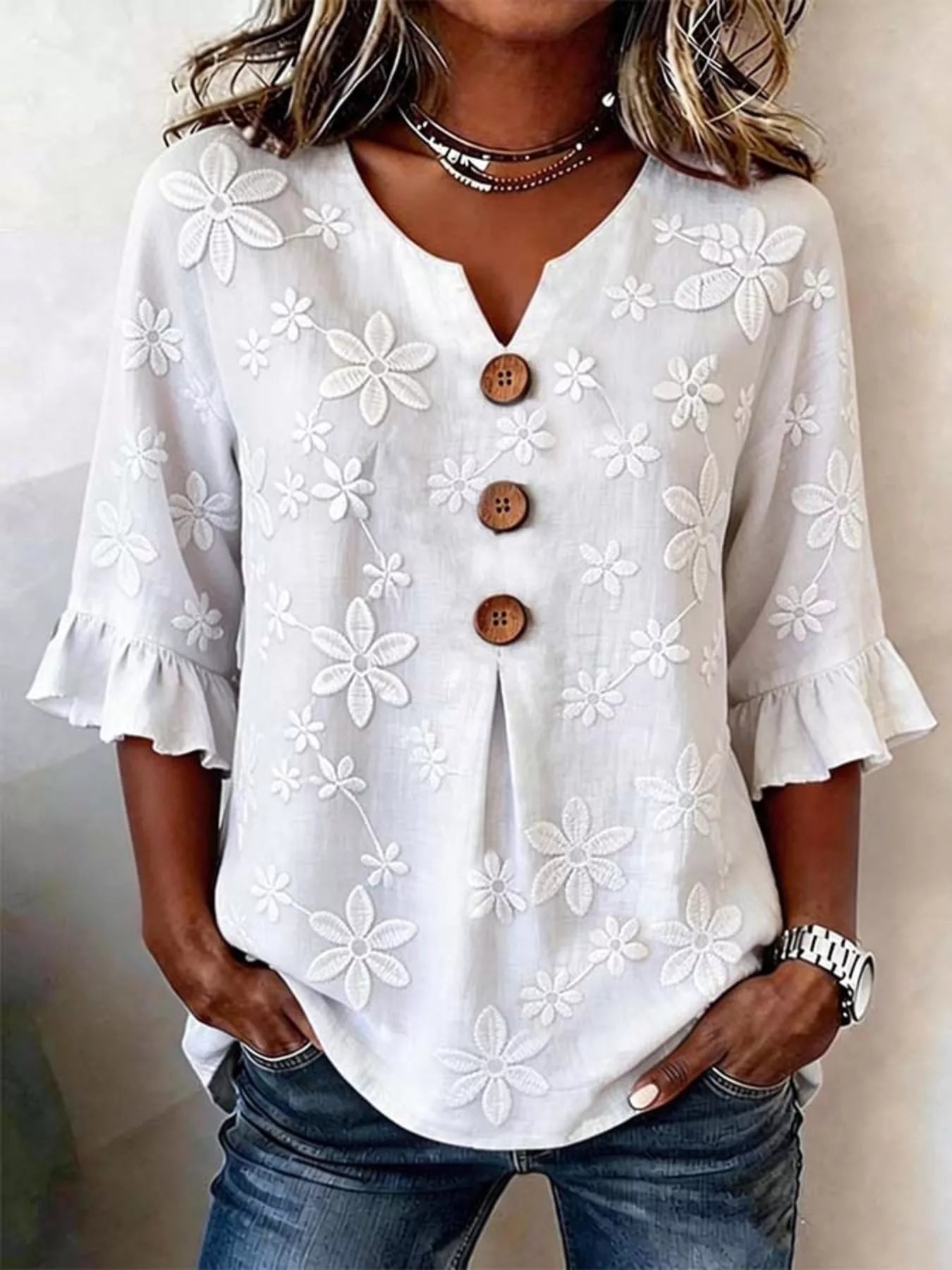 Full Size Floral Button Decor 3/4 Sleeve Blouse Plus Size