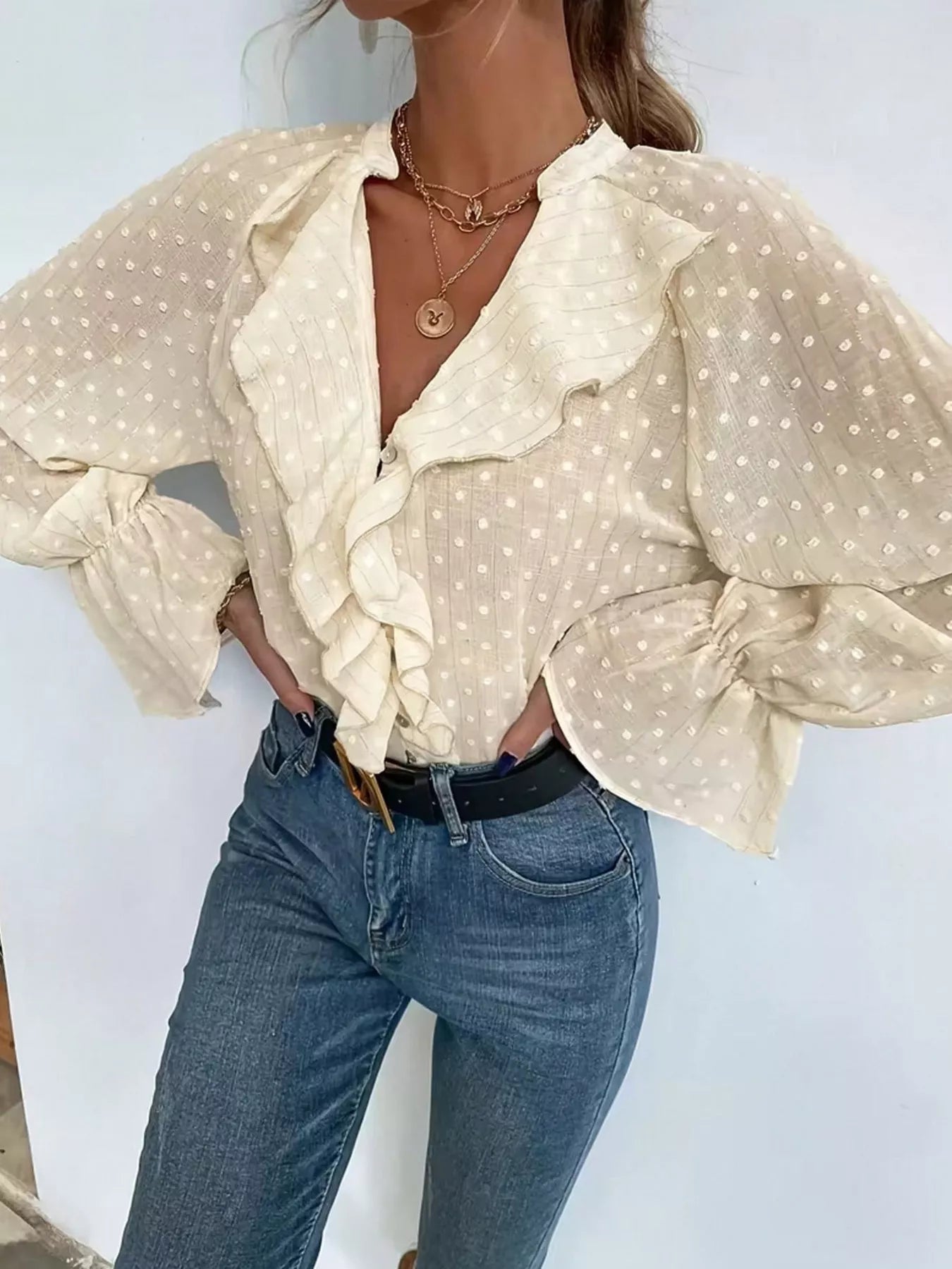 Elegant Ruffled Swiss Dot Blouse