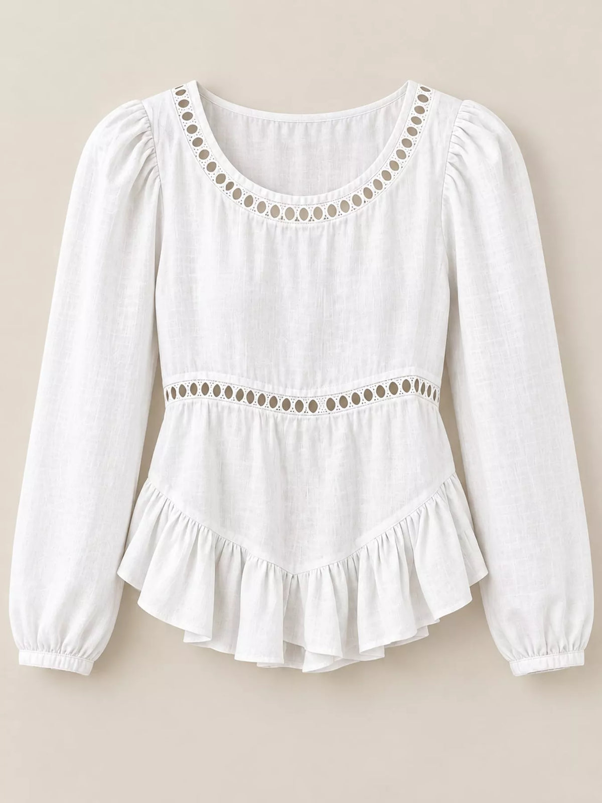 Long Sleeve Blouse with Eyelet Lace Trim and Ruffled Hem