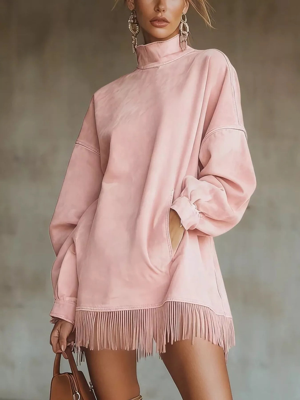 Suede Mock Neck Fringed Mini Dress