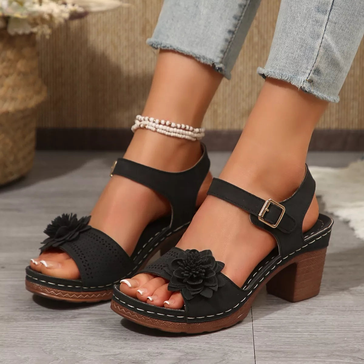 Floral Decor Buckle Ankle Strap Block Heel Sandals