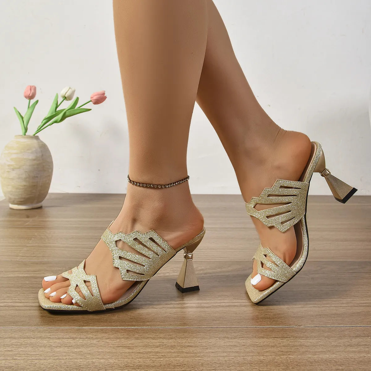 Open Toe Flare Heels Sandals