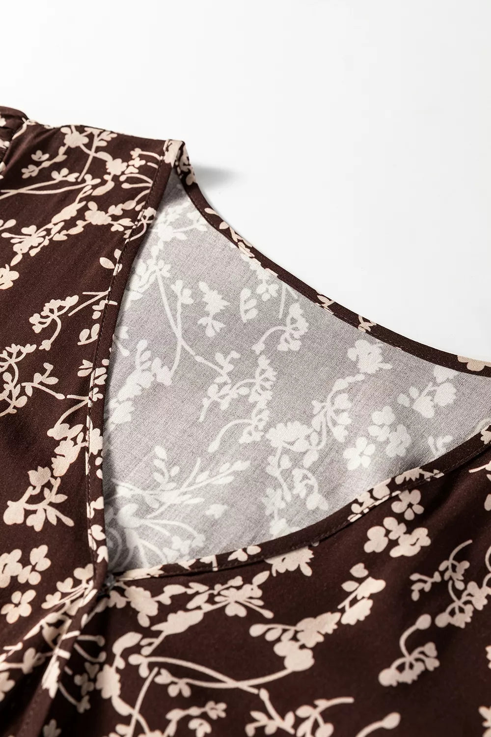 Ditsy Floral Print Split Neck Long Sleeve Shirred Waist Flared Mini Dress