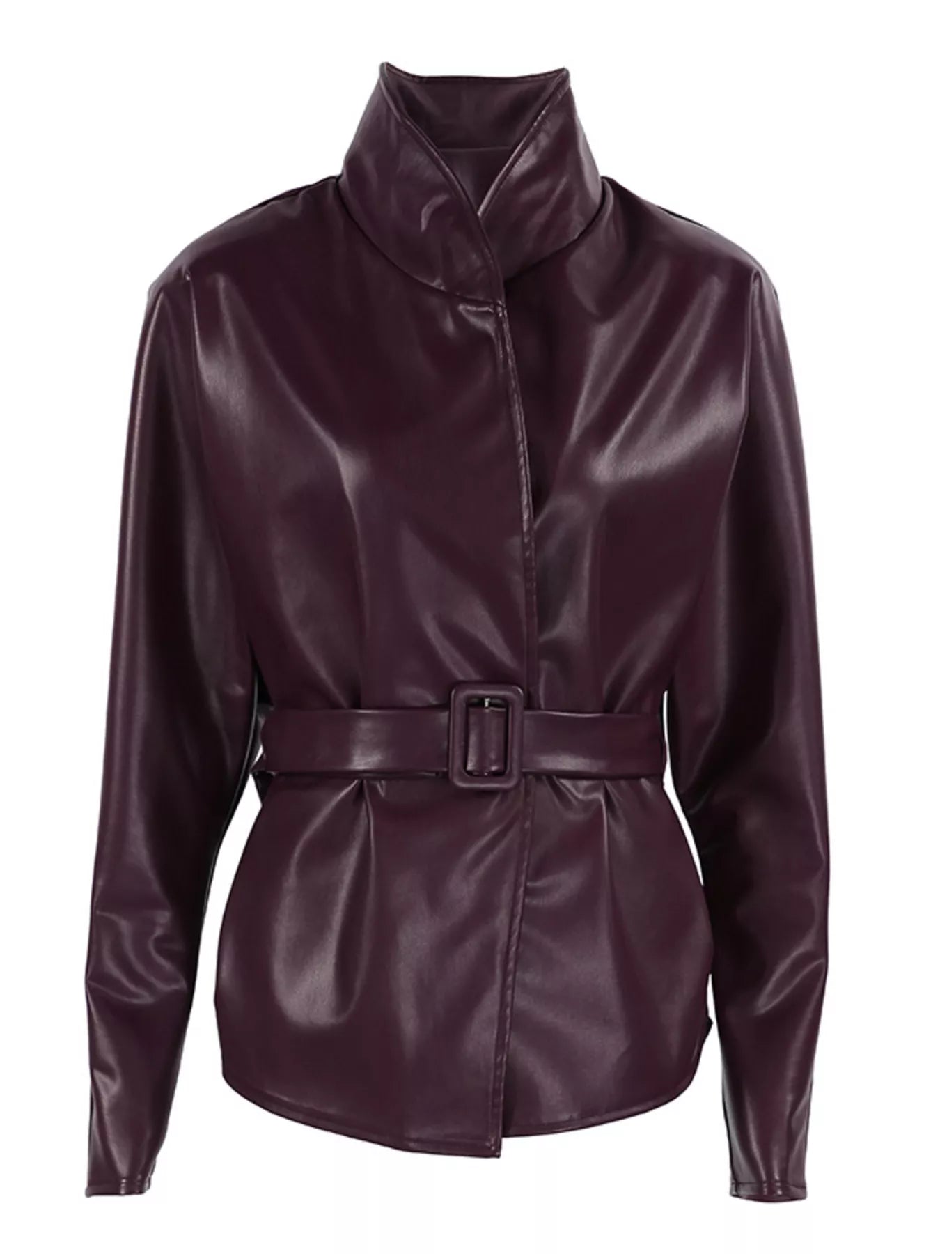 Stand Collar Belted Faux Leather Jacket