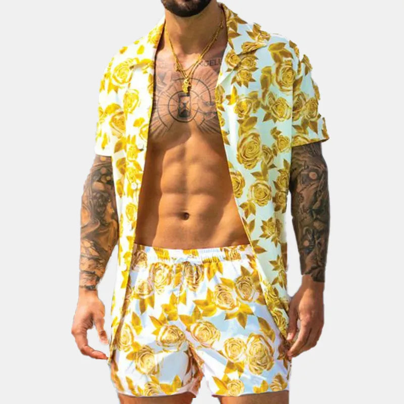 Men's Full Size Button Up Shirt and Shorts Set Plus Size