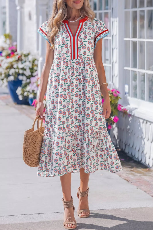 Floral Print Ruffle Sleeve Tiered Midi Dress