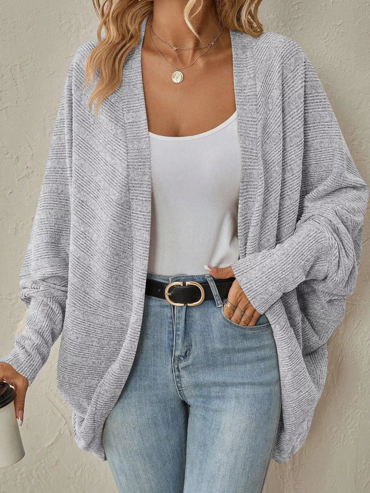 Casual Open Front Batwing Sleeve Ribbed Knit Cardigan