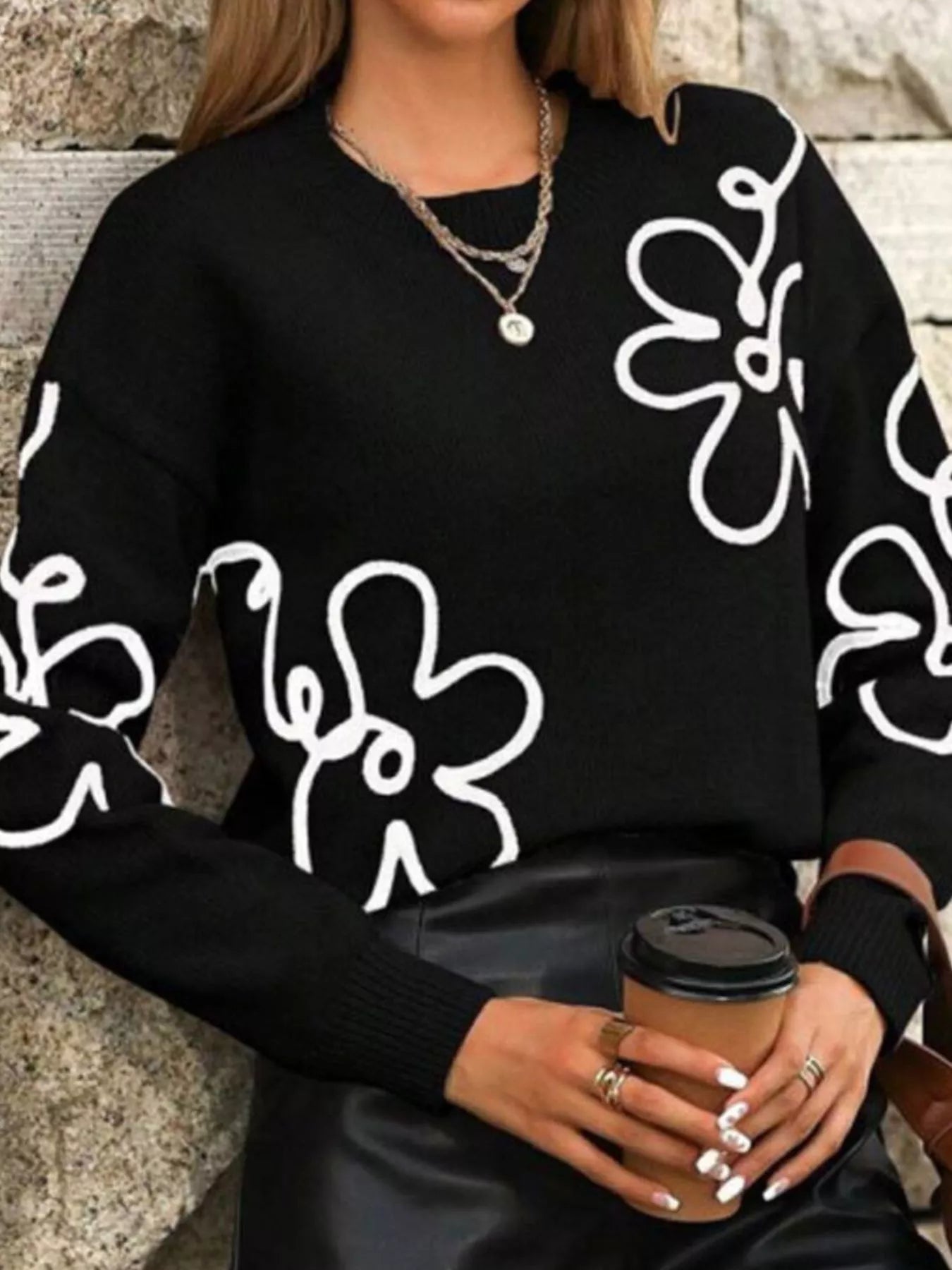 Flower Dropped Shoulder Sweater
