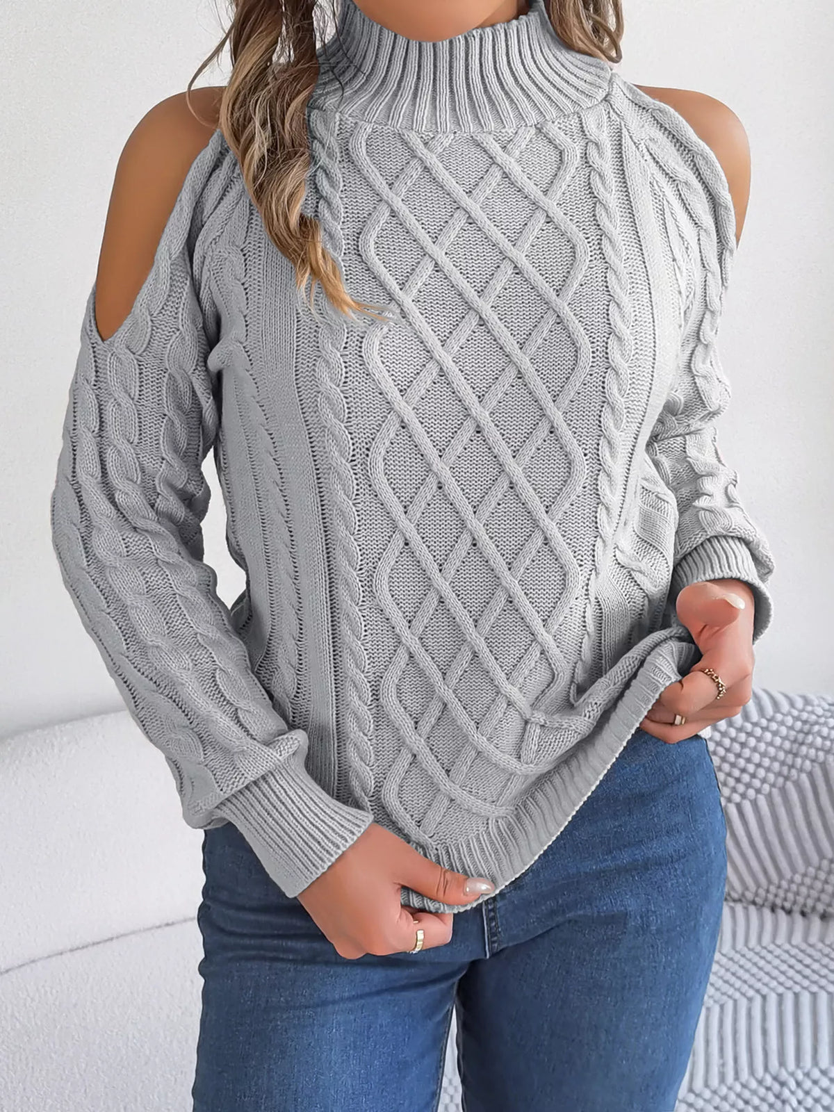 Cold-Shoulder Cable Knit Sweater