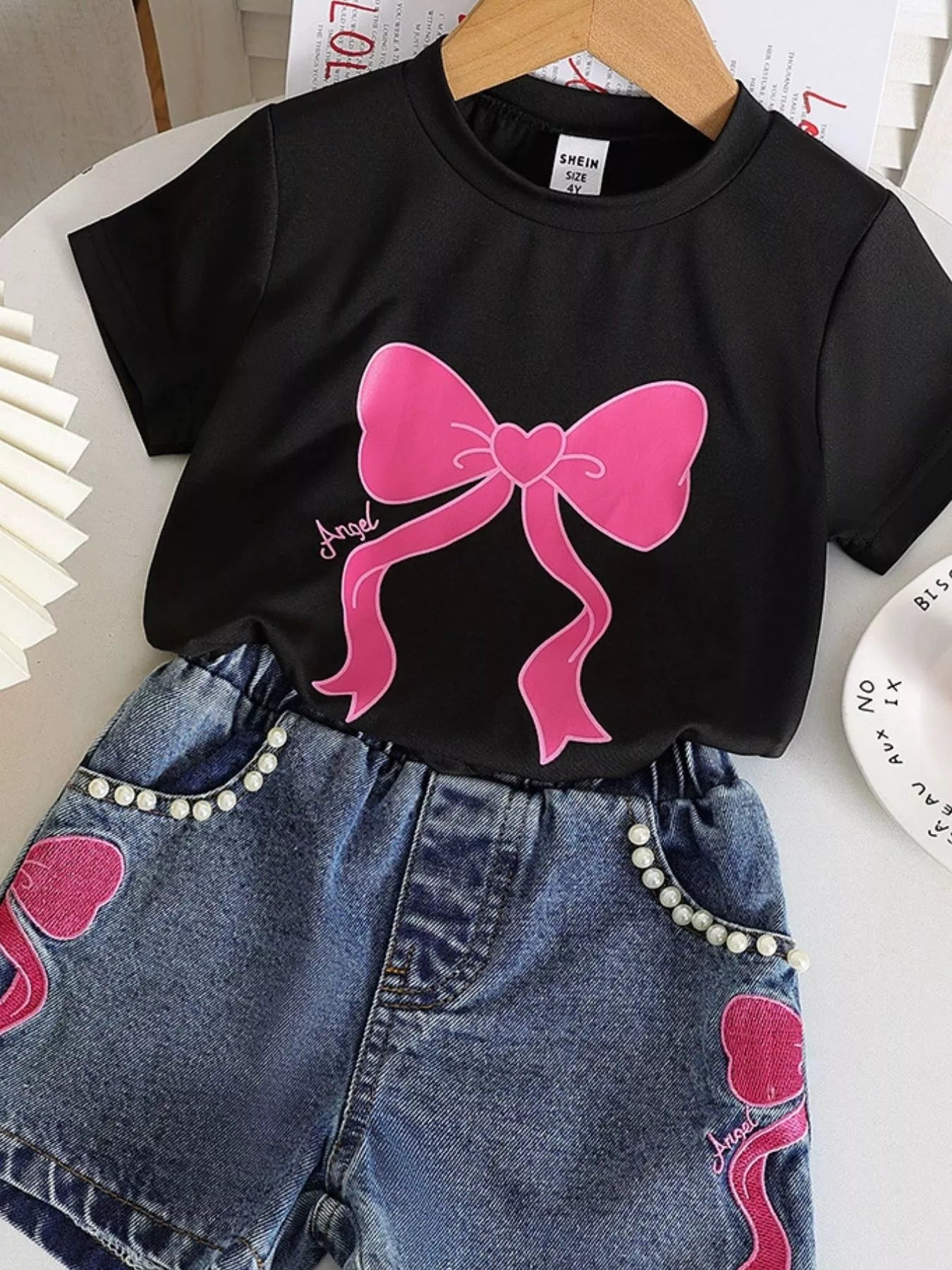 Children's Bowknot T-shirt and Denim Shorts Set