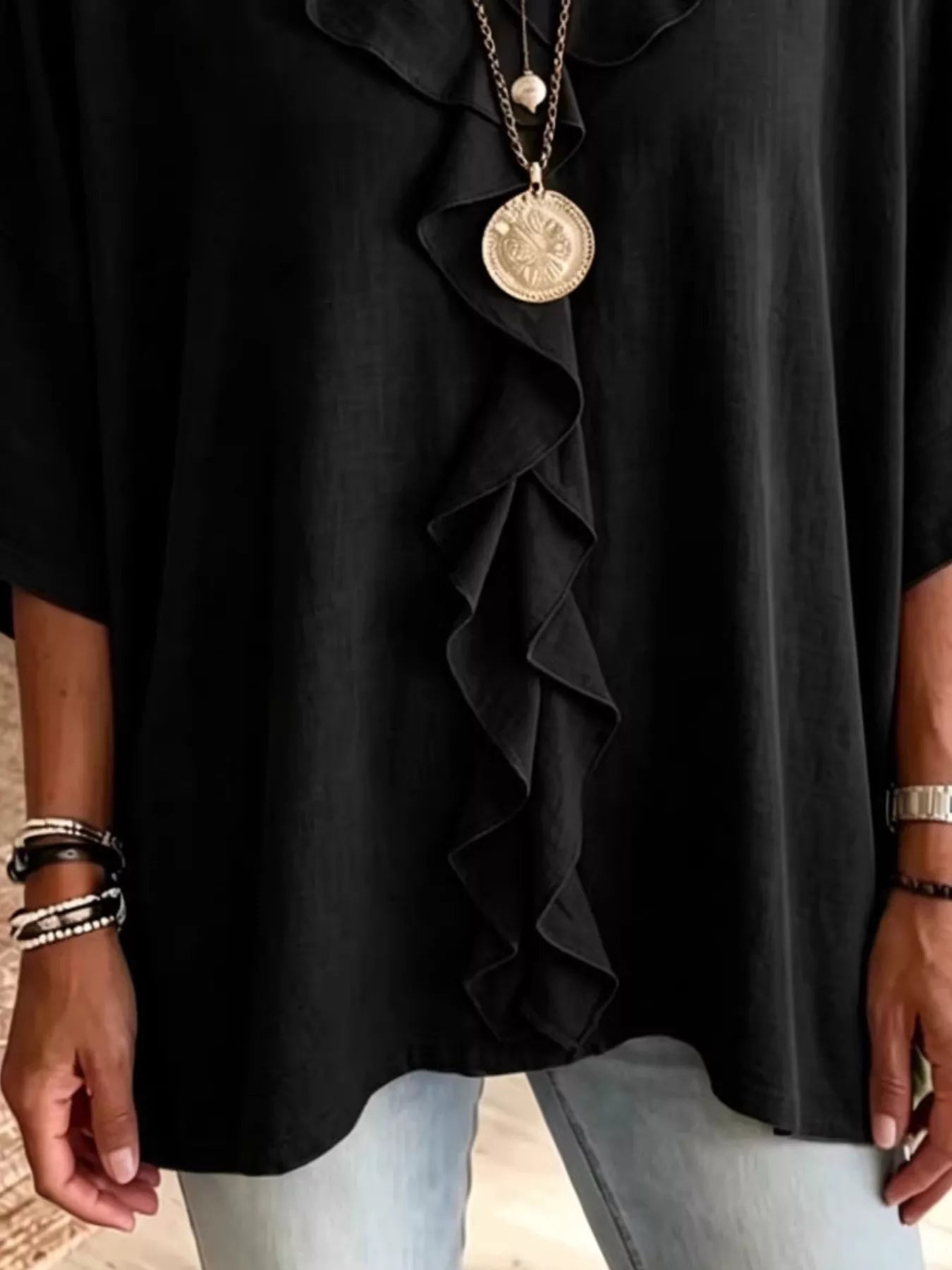 Full Size Ruffled V-Neck 3/4 Sleeve Blouse Plus Size