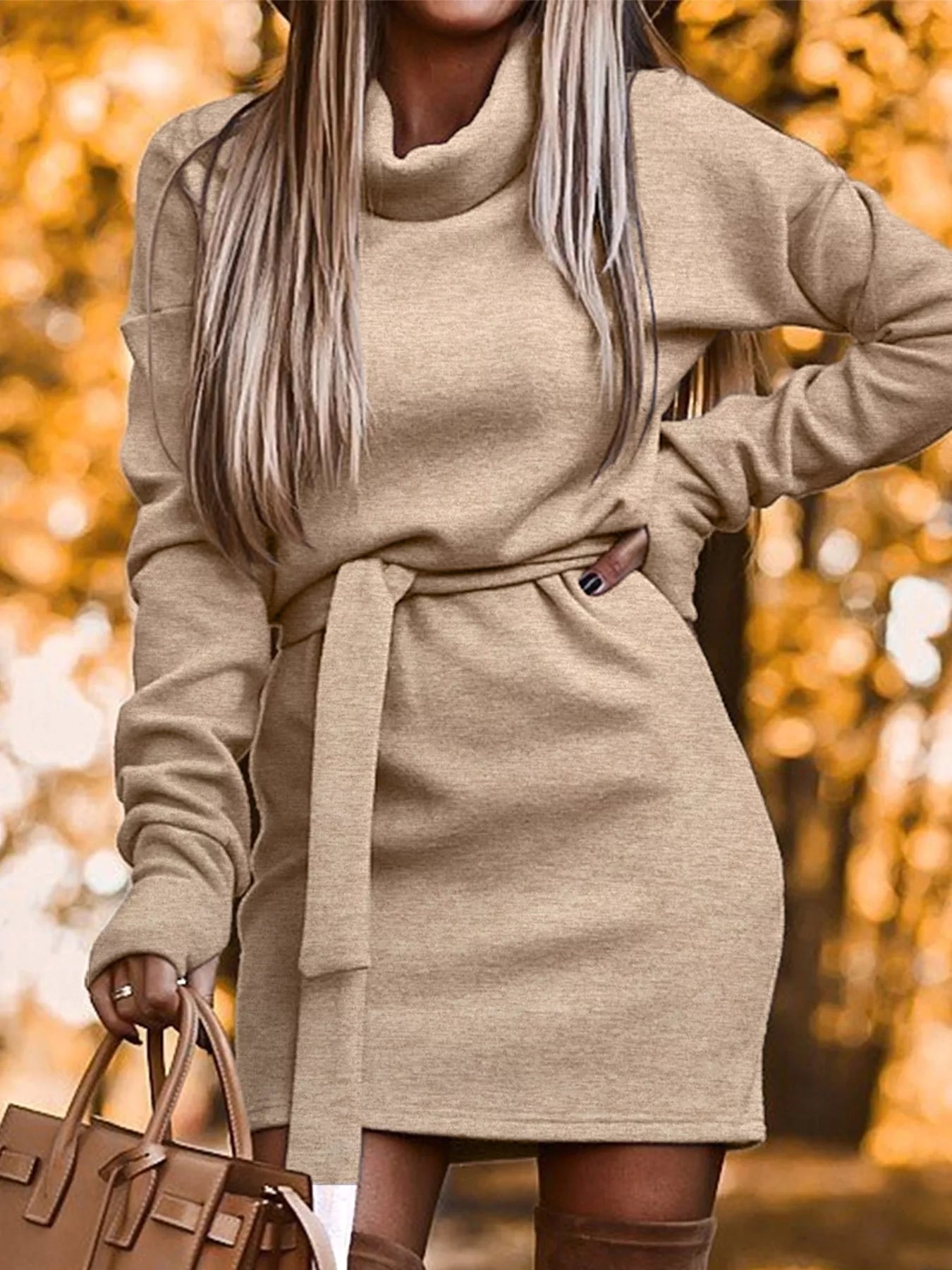 Turtleneck Belted Knit Dress