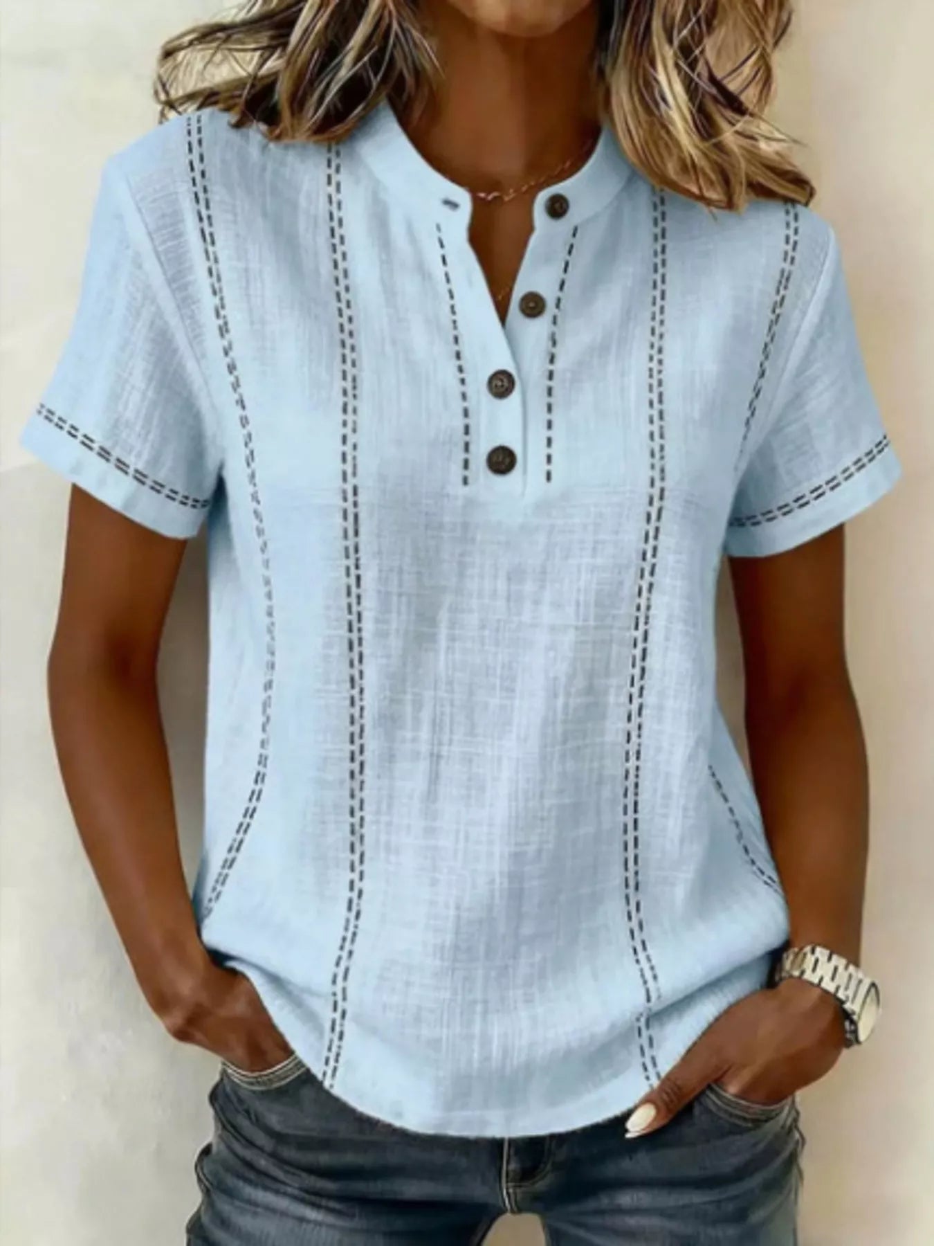 Full Size Button Detail Short Sleeve Blouse Plus Size