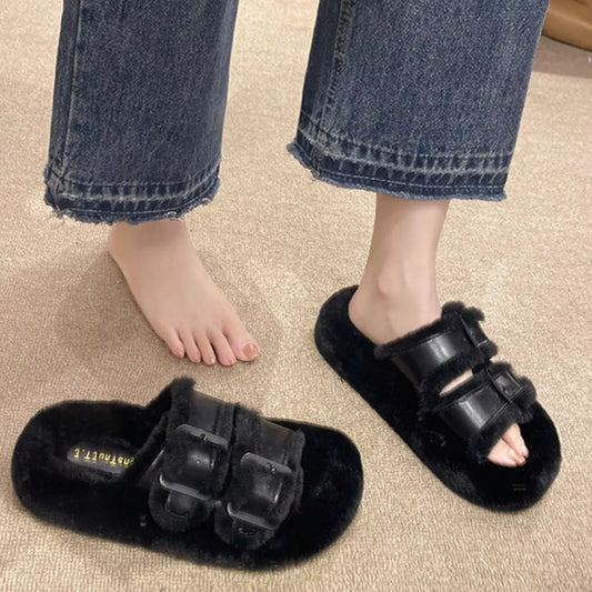 Fuzzy Buckle Detail Slippers