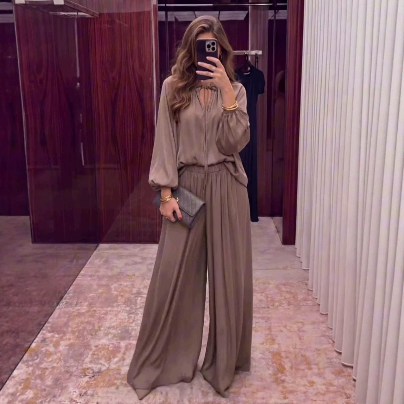 Women's V-Neck Lace-Up Bishop Sleeve Wide-Leg Pants Set