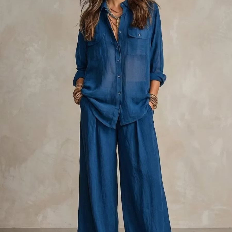 Women's Linen Two-Piece Set – Long Sleeve Shirt & Wide-Leg Pants