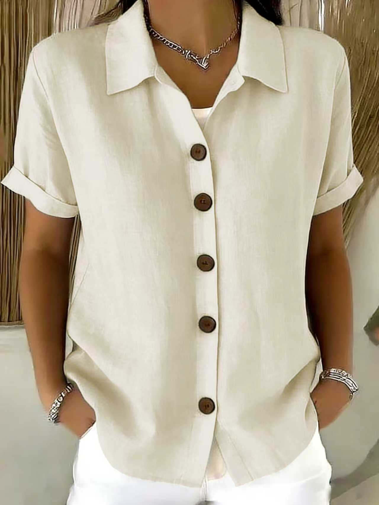 Shirt Collar Short Sleeve Button Top – Loose Fit Cotton-Linen Casual