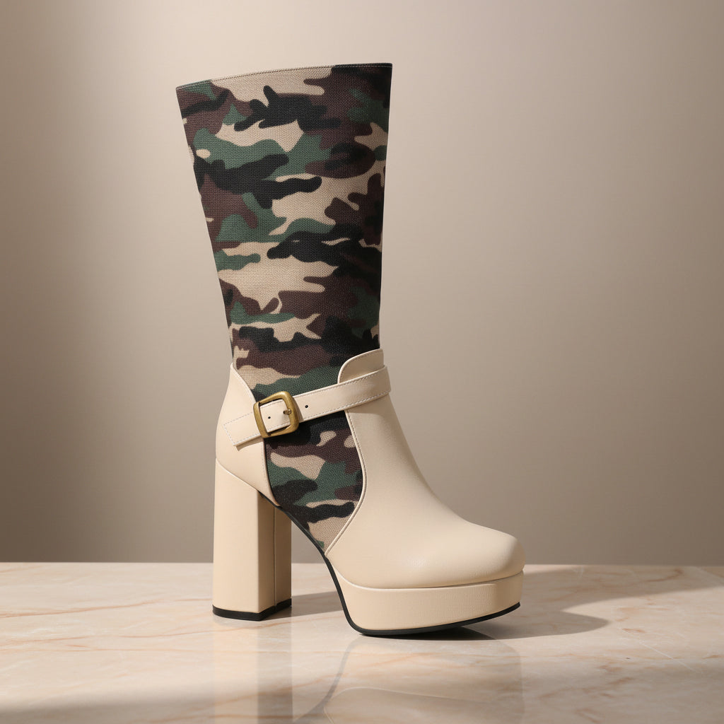 Women's Camouflage High-Cut Platform Boots | Chunky Heel & Buckle