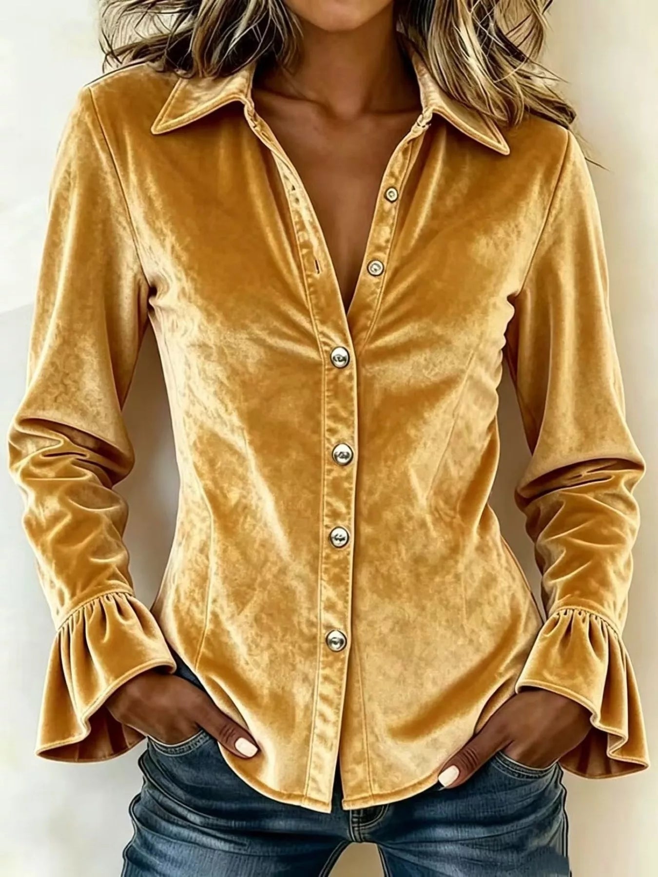 Full Size Velvet Button Up Flare Sleeve Shirt Plus Size