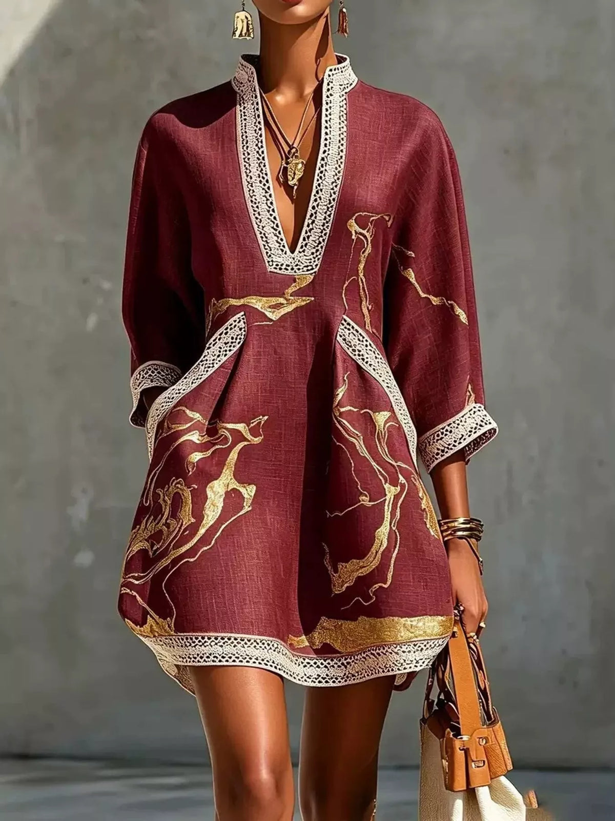 Notched 3/4 Sleeve Mini Dress