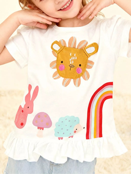 Children's Cartoon Animal Graphic Ruffle Hem T-Shirt