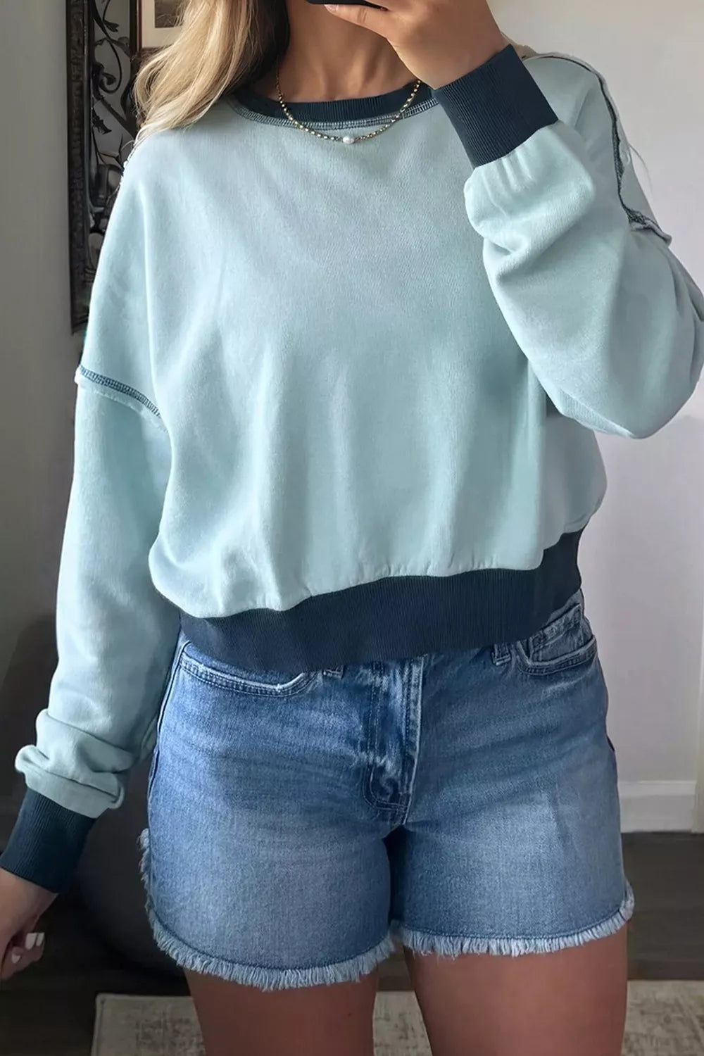 Contrast Edge Colorblock Patchwork Crop Sweatshirt