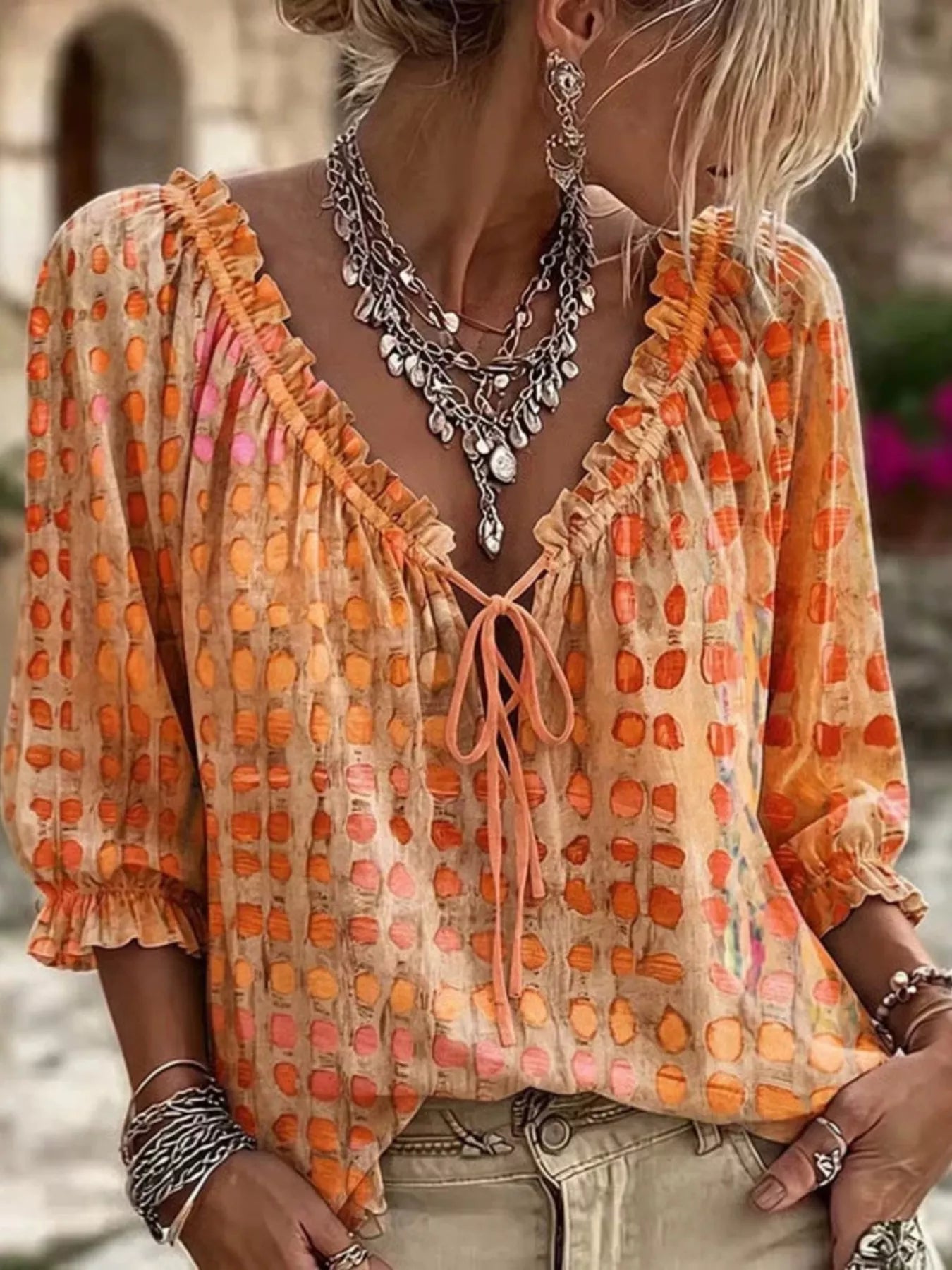 Full Size Tie Neck 3/4 Sleeve Blouse Plus Size