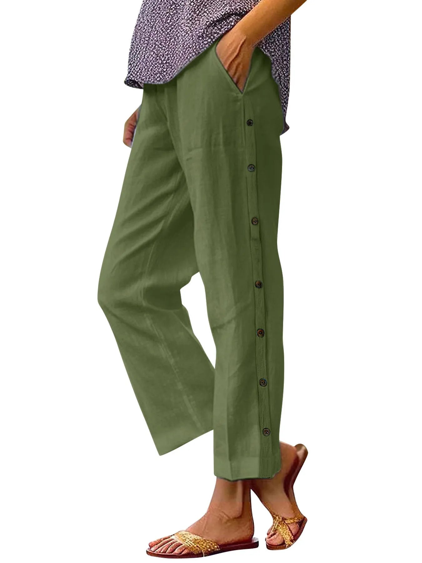 Full Size Side Decor Button Casual Wide Leg Pants Plus Size