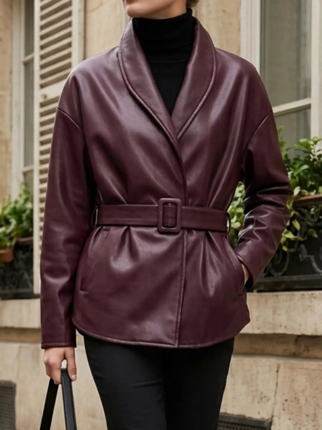 Faux Leather Belted Jacket