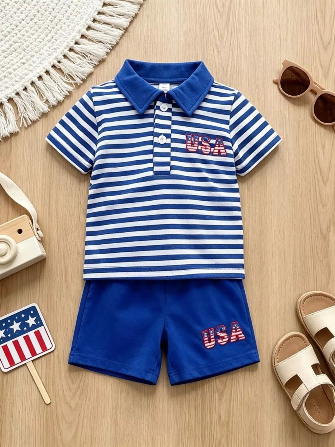 Children's Patriotic Striped Polo & Shorts Set