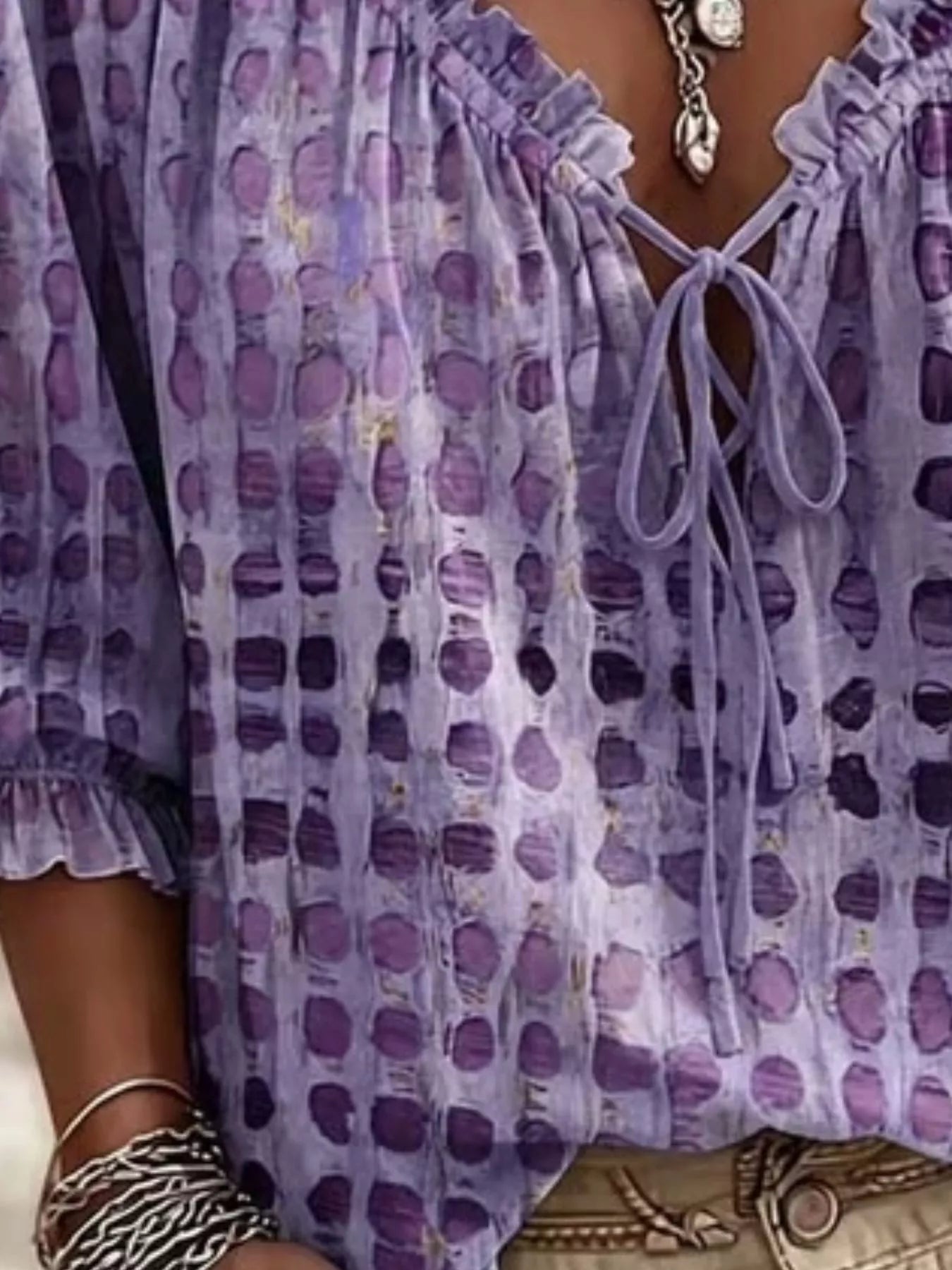 Full Size Tie Neck 3/4 Sleeve Blouse Plus Size
